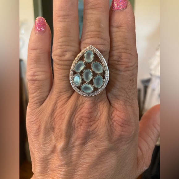 Faceted Blue Chalcedony and CZ Ring Teardrop Shape NWT sz 8 SS GORGEOUS - Picture 1 of 7
